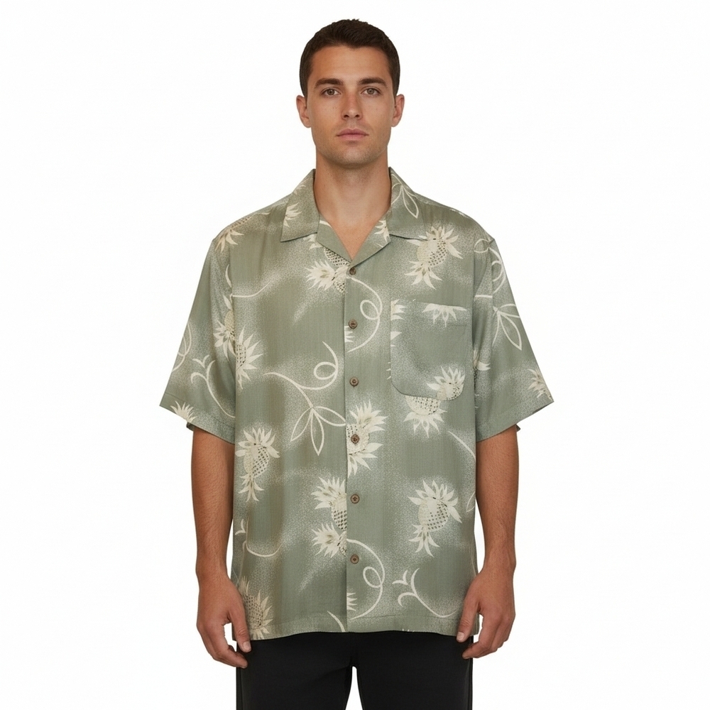 Tommy Bahama 100% Silk Sage Green Yellow Pineapple Button Down Shirt Size L